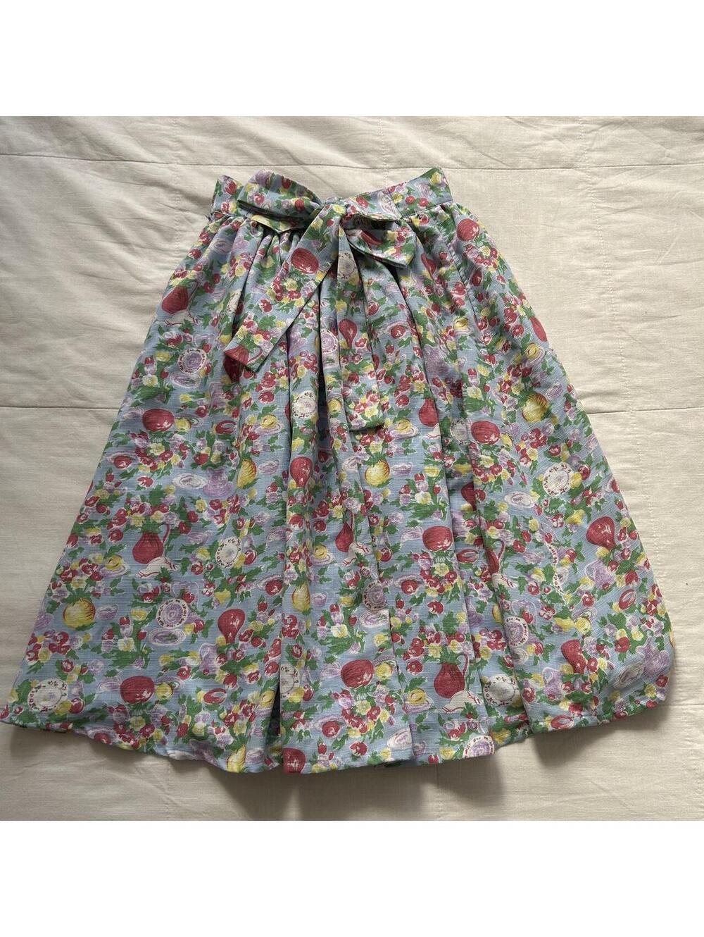 F i.n.t Blue Floral Print Bow Waist Full Midi Skirt Small Japan